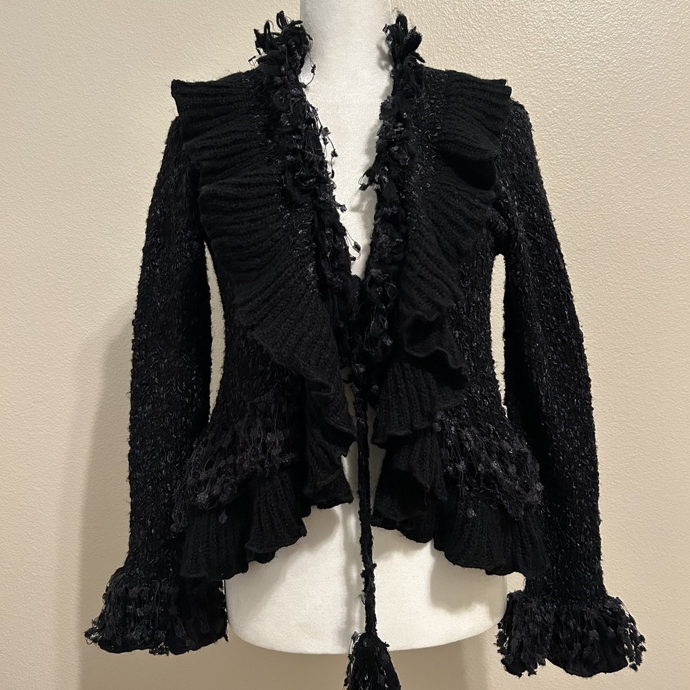 Lisa International Black Ruffle-Trim Knit Cardigan Small Fairycore Whimsigoth